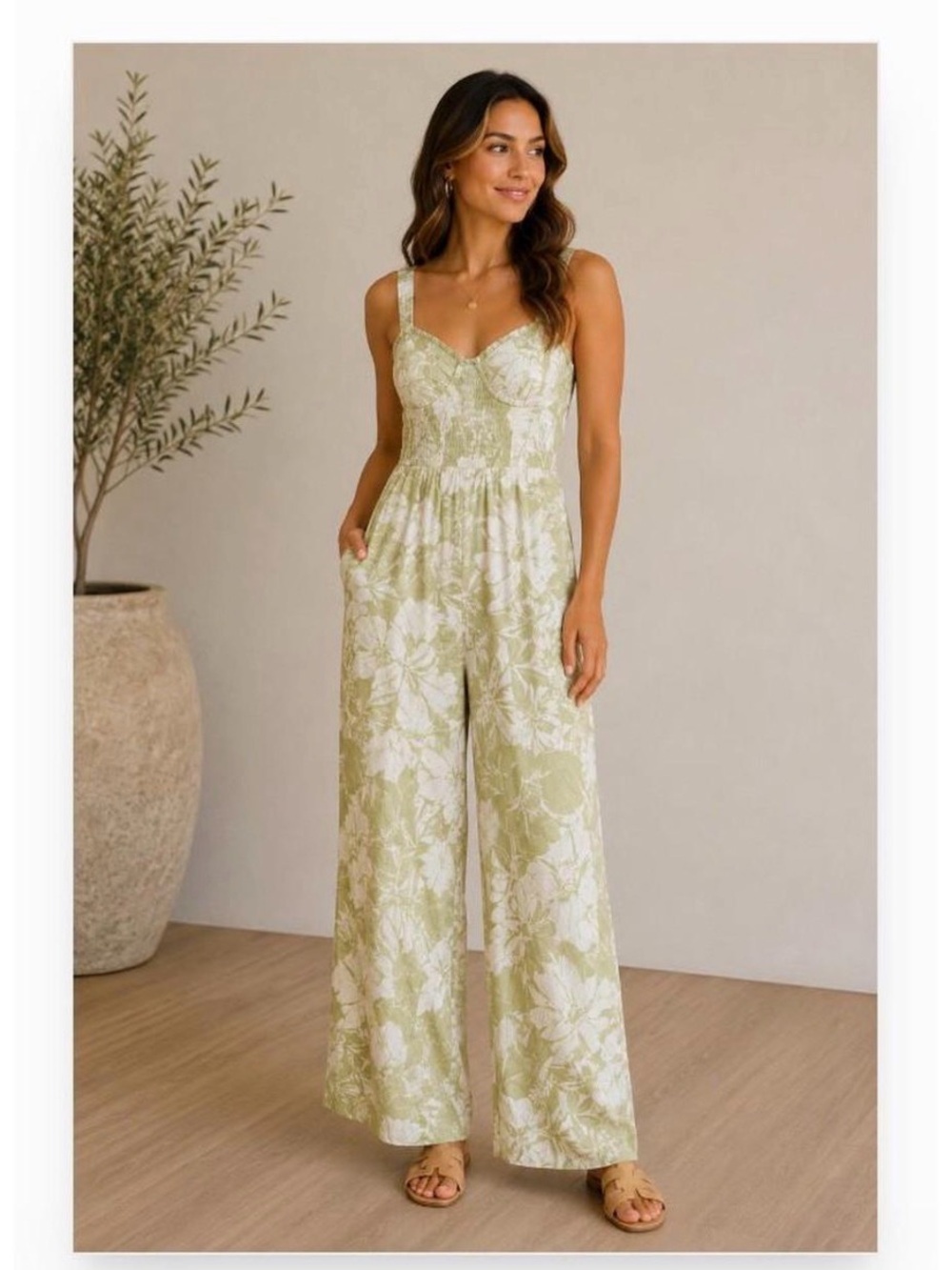 American Eagle Outfitters Sage Green Floral Wide-Leg Jumpsuit